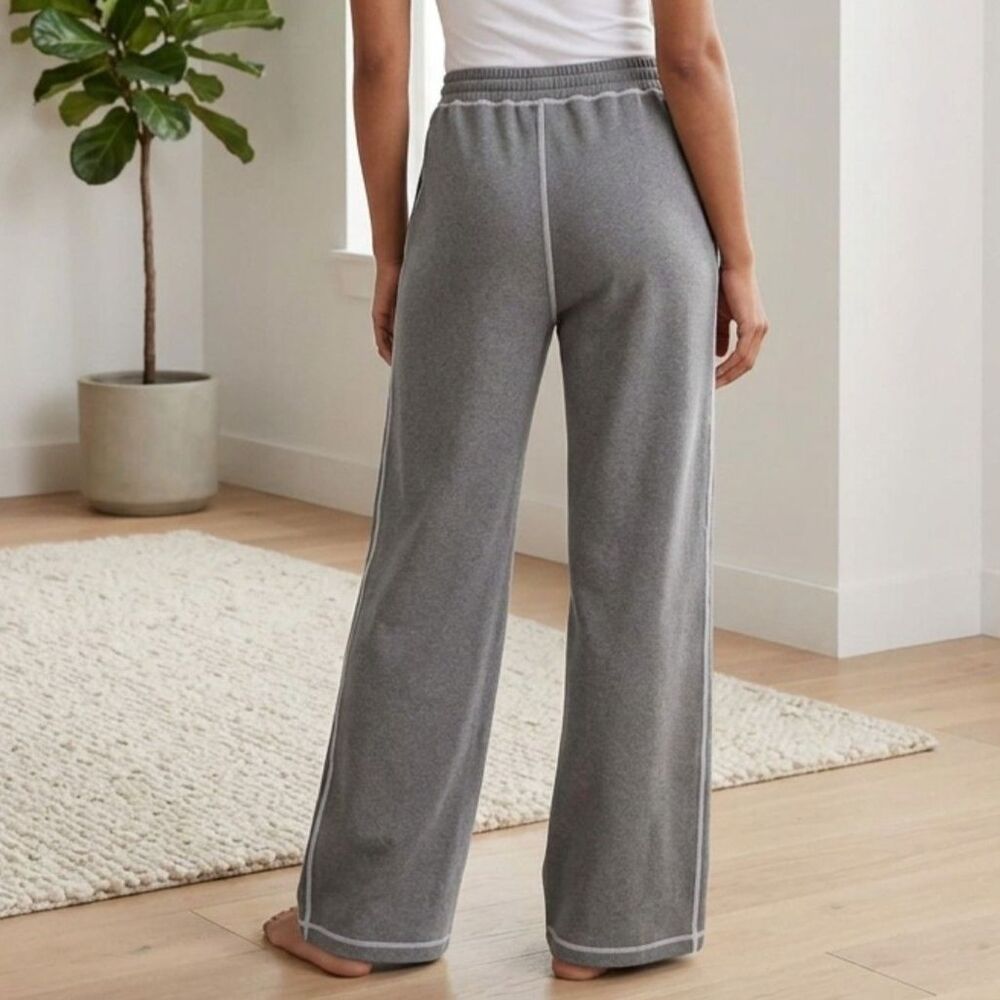 Womens XL Grey Wide Leg Contrast Stitch Sweatpants Drawstring Lounge Pants XL